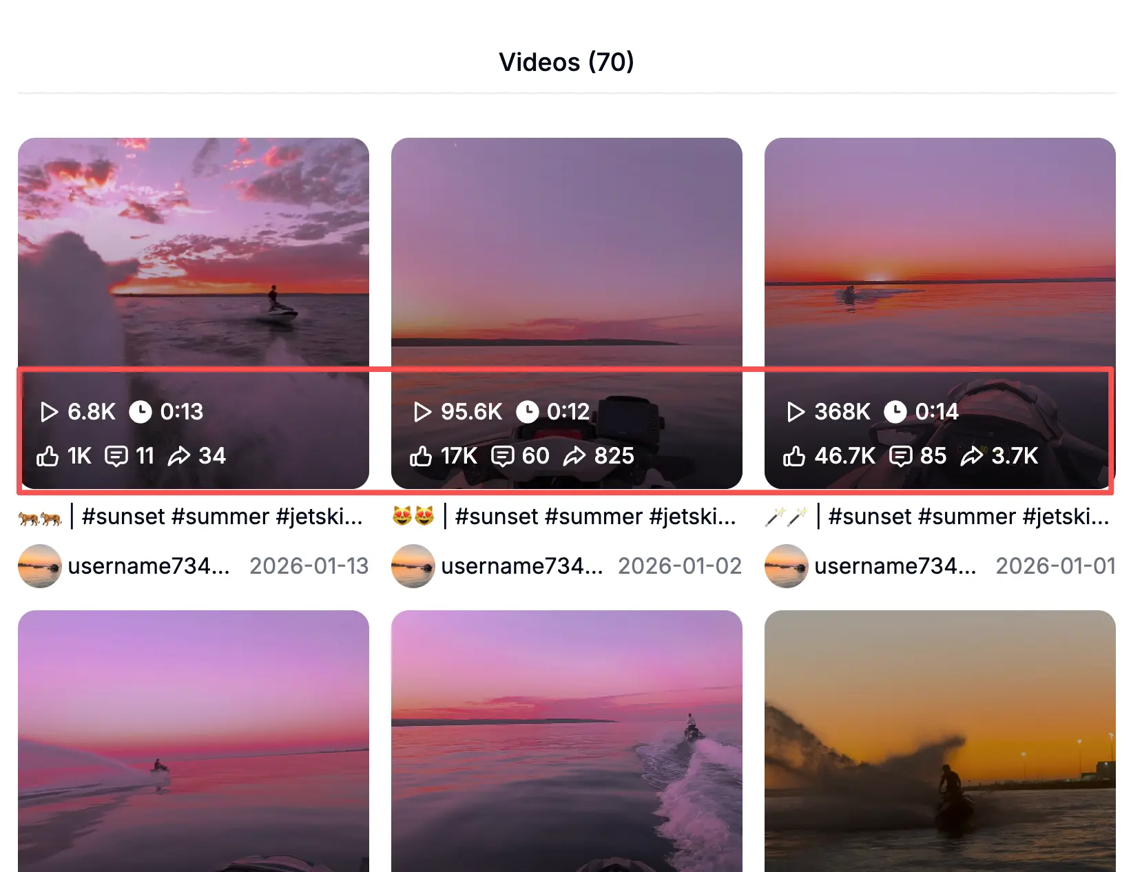 A screenshot of the ExportTok app that shows profile analytics